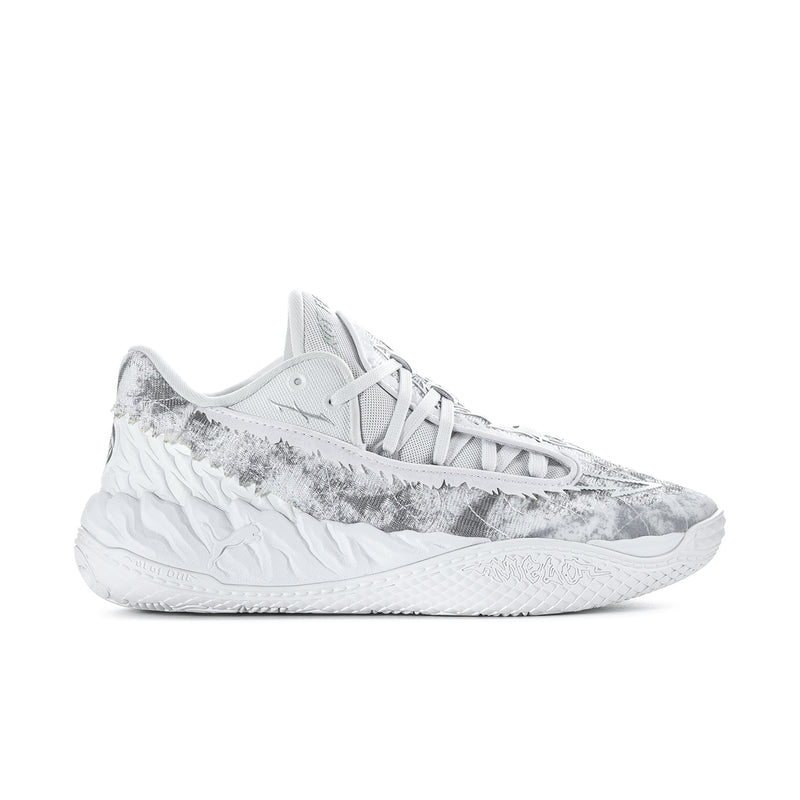 Men's low-top sneakers in white with gray speckled camo-textured panels, lace-up.