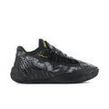 Men's low-top sneakers in dark gray/black with yellow accents and lace-up design