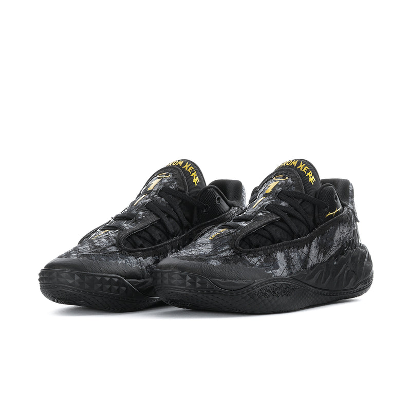 Men's low-top sneakers side view in dark gray/black with yellow Puma accents and laces