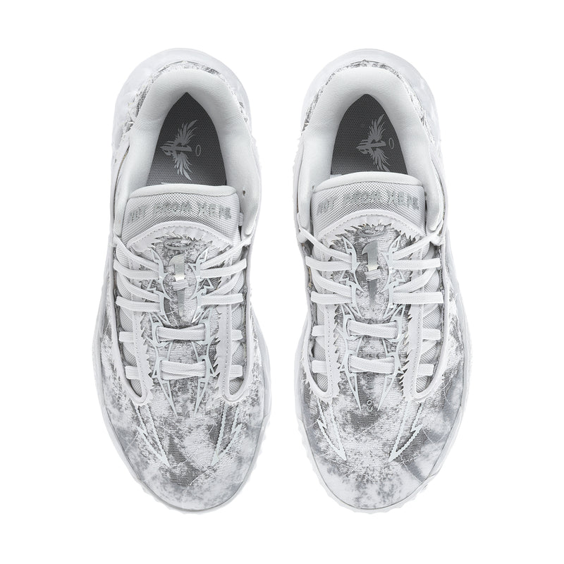 Pair of men's low-top sneakers from the front, gray speckled upper with white laces.