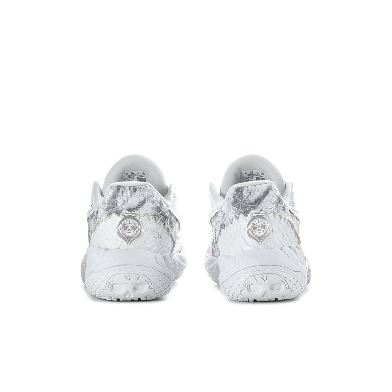 Pair of men's low-top sneakers from the back, gray speckled heel detail on white.