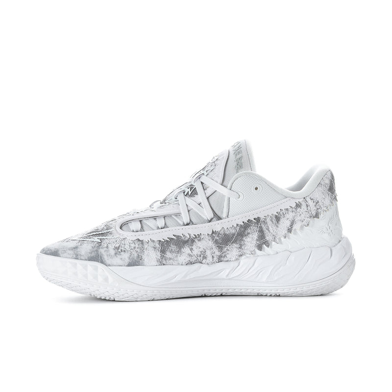 Men's low-top lace-up sneakers with gray speckled side panel and textured toe cap.