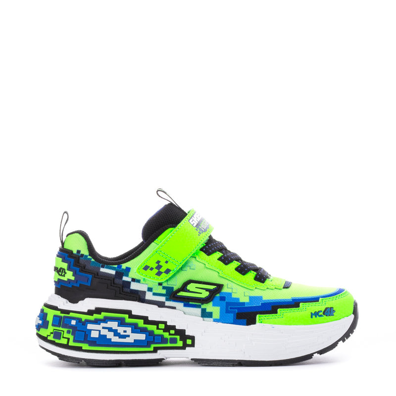 Kids lime green lace-up sneakers with black and blue pixel graphics