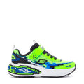 Kids lime green lace-up sneakers with black and blue pixel graphics