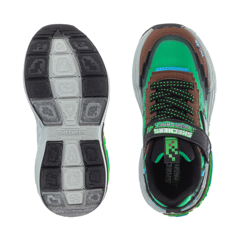 Kids' sneaker outsole and inside view with textured tread and green interior