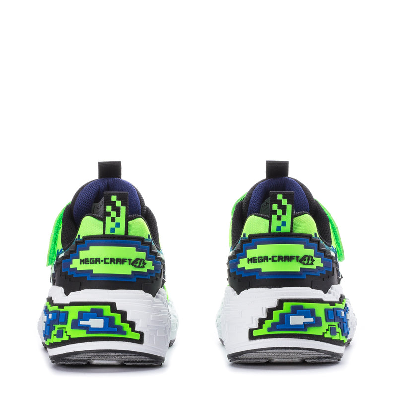 Kids sneakers heel view with lime green, black, blue pixel detailing