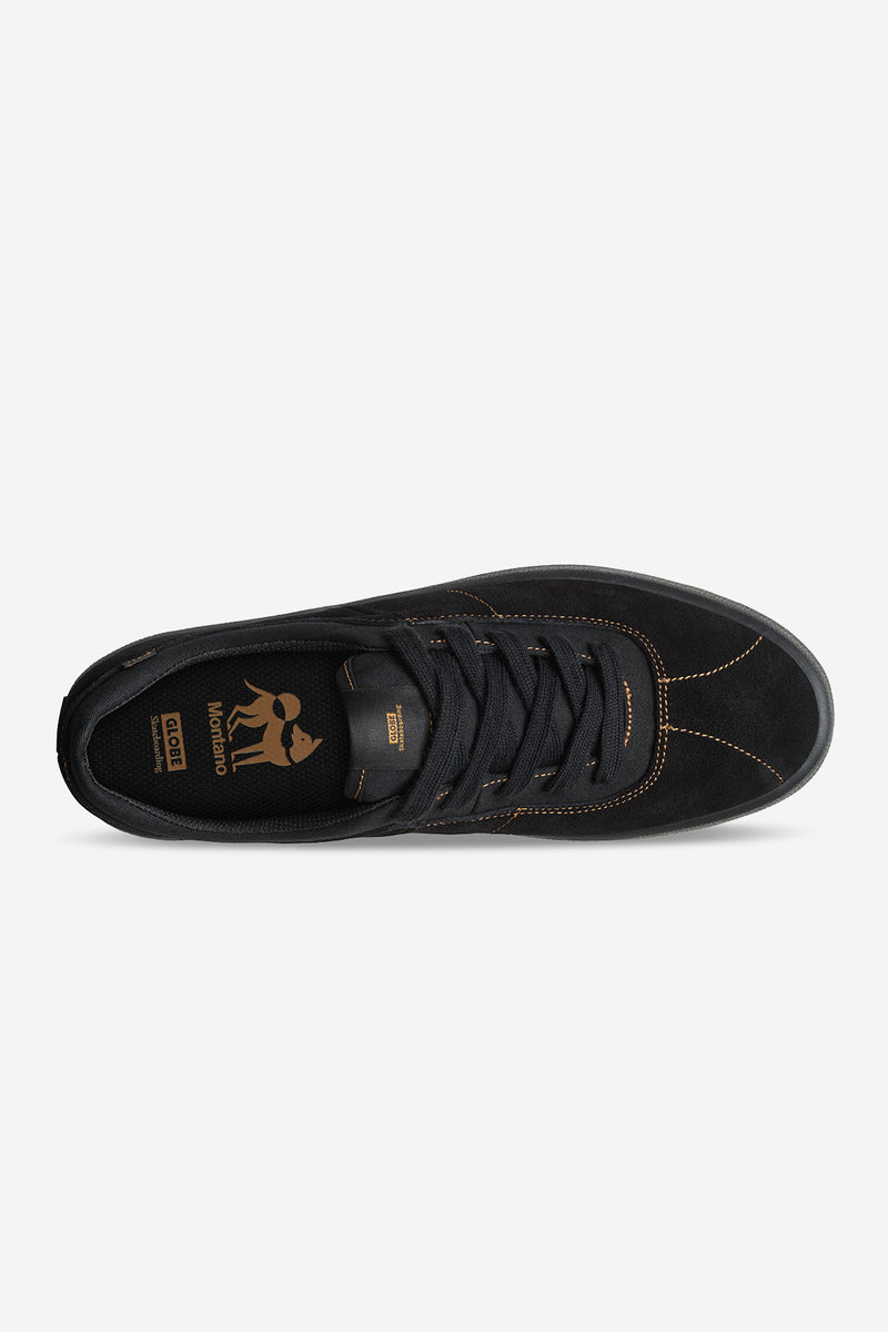 Top view of Melbek skate shoe in black suede with lace-up closure and tan stitching