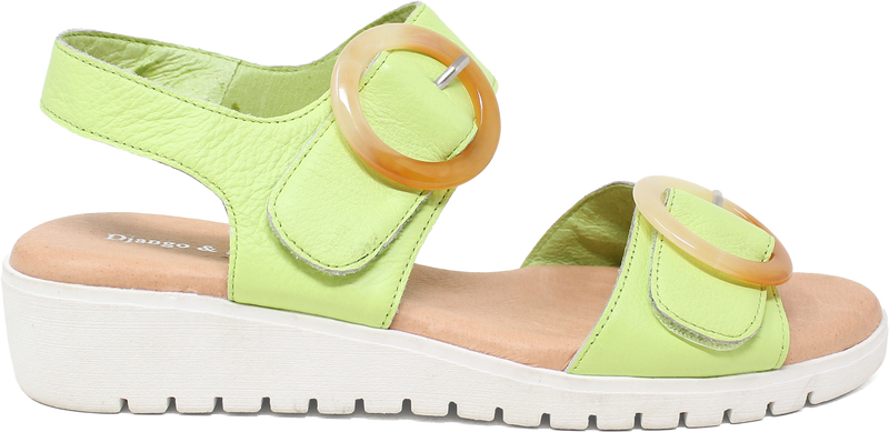 Green sandal with a strap and white sole on a white background