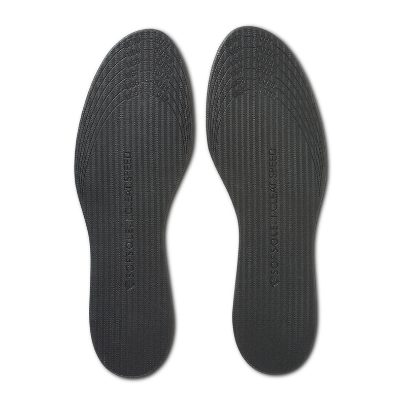 Dark mens cleat speed sports insole with textured arch and embossed text