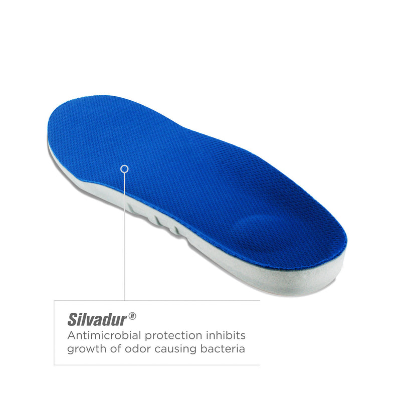 Blue sport insole with white edge and Silvadur® antimicrobial panel, side view