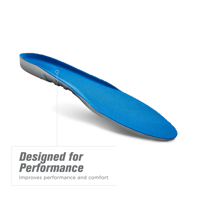 Blue sport insole with gray cushioning core, angled side view for fit