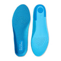 Blue walking insole pair, patterned top and perforated cushioning surface