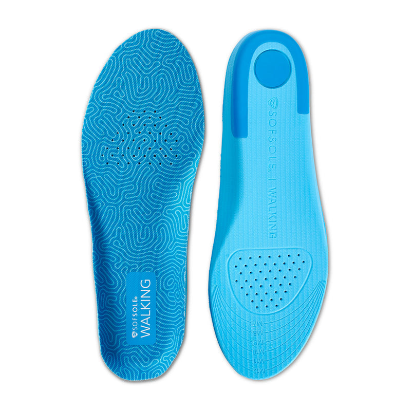 Blue walking insole pair, patterned top and perforated cushioning surface