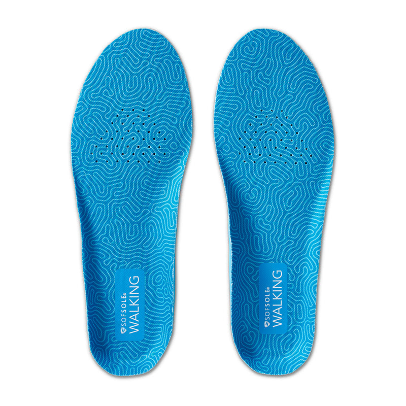 Blue walking insole pair, top view with wave-pattern tread and printed logo