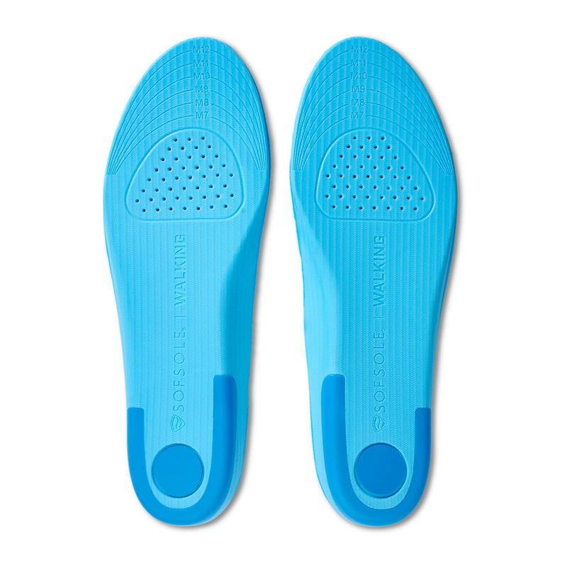Blue walking insole pair, footbed with perforated arch and heel bump
