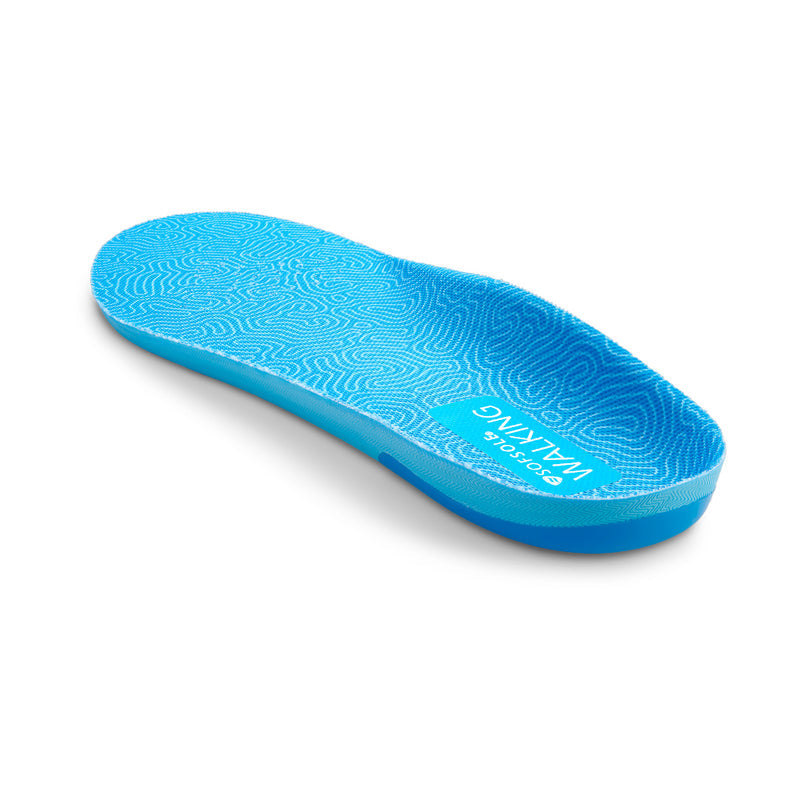 Blue walking insole, wave-pattern top and printed text on footbed