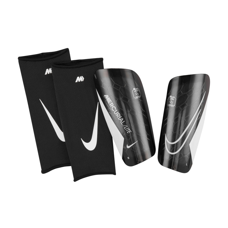 Black shin guard sleeves with white logo, pair of protective covers