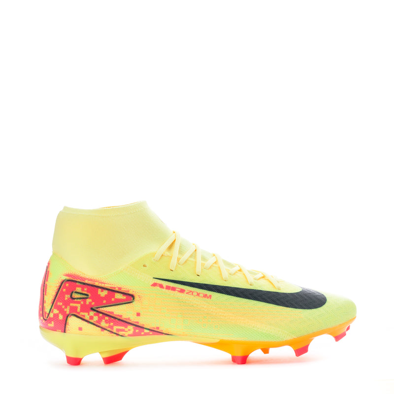 Men's yellow soccer cleats with black swoosh, red accents, and molded stud sole