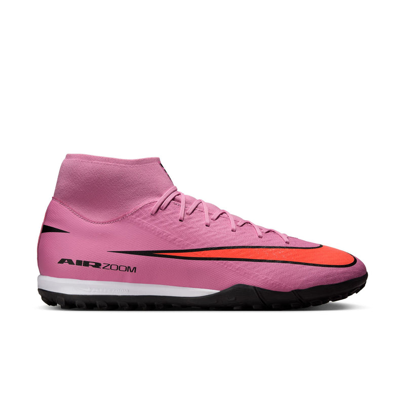 Men's pink turf soccer cleats with Air Zoom, black/orange Nike swoosh, lace-up
