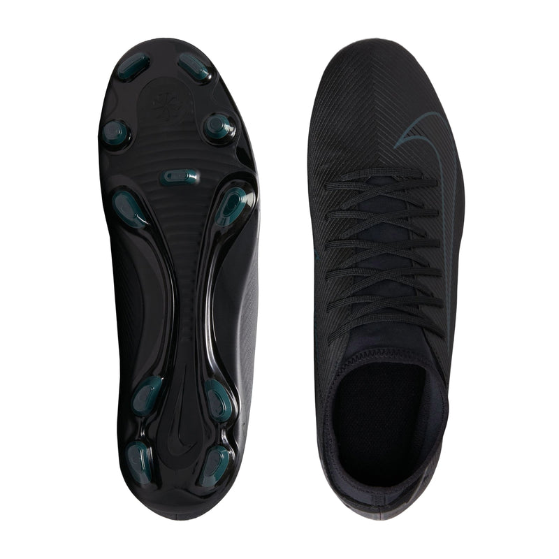 Pair of black firm-ground soccer cleats—front sole view with stud pattern