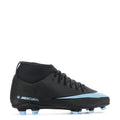 Youth soccer cleats, black upper with light blue swoosh and blue stud outsole