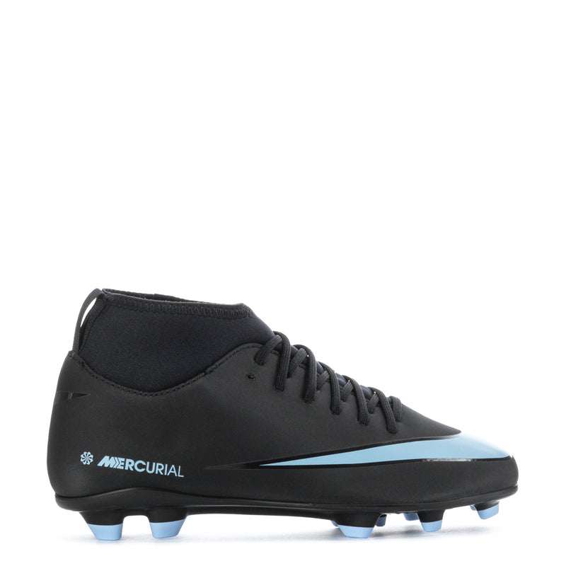 Youth soccer cleats, black upper with light blue swoosh and blue stud outsole
