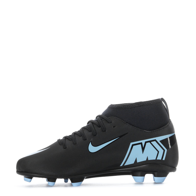 Youth soccer cleats, black high-top with Nike swoosh and blue MX logo detail