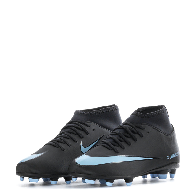 Youth soccer cleats, black upper with light blue swoosh and molded blue studs