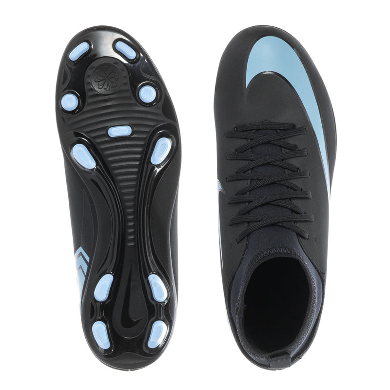 Youth soccer cleats pair, black outsole with light blue stud tips and laces