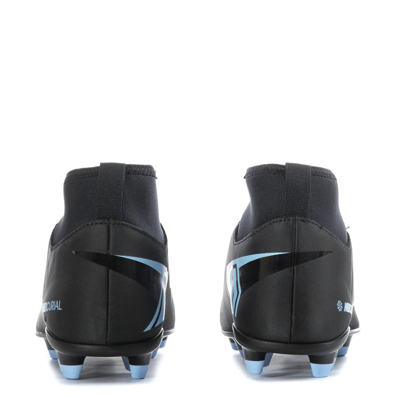 Youth soccer cleats back view, black heel with light blue stripe and blue studs