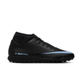 Men's black turf soccer cleat with ice blue swoosh and studded sole