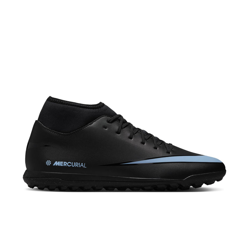 Men's black turf soccer cleat with ice blue swoosh and studded sole