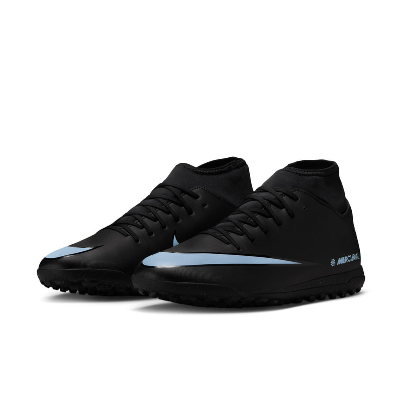 Pair of men's black turf soccer cleats with ice blue swoosh detail and studs