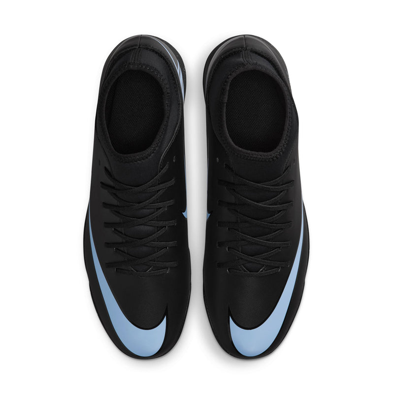 Two black high-top turf cleats with lace-up closure and ice blue swoosh accents