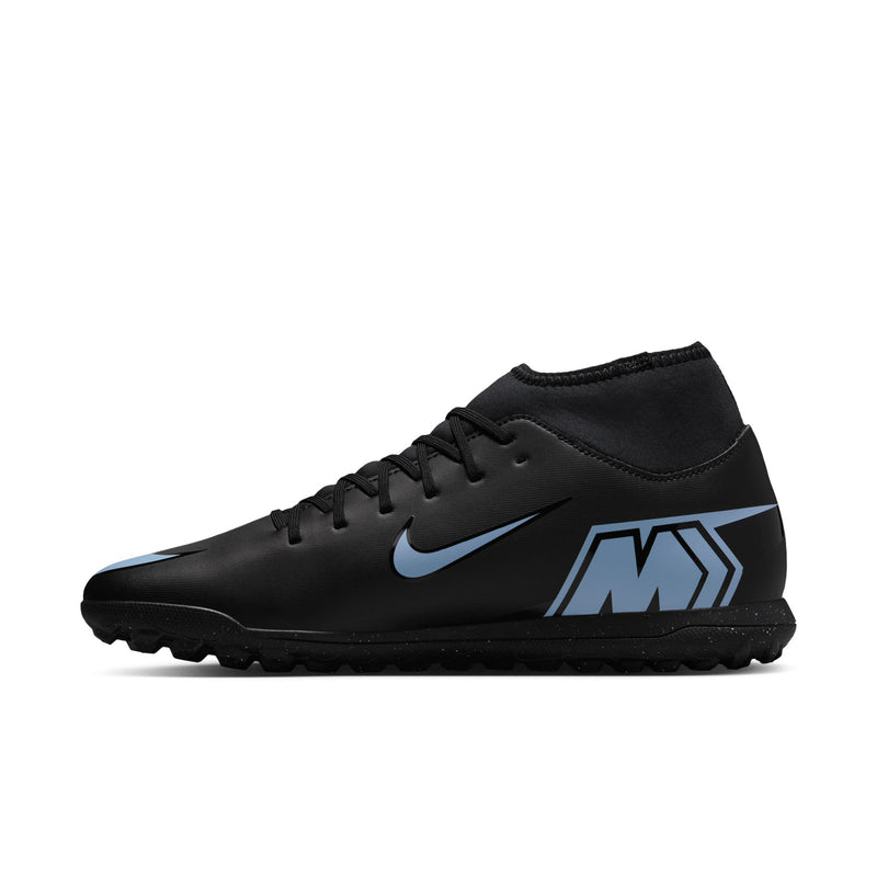 Men's black turf cleat with ice blue 'M' graphic, swoosh, and lace-up top