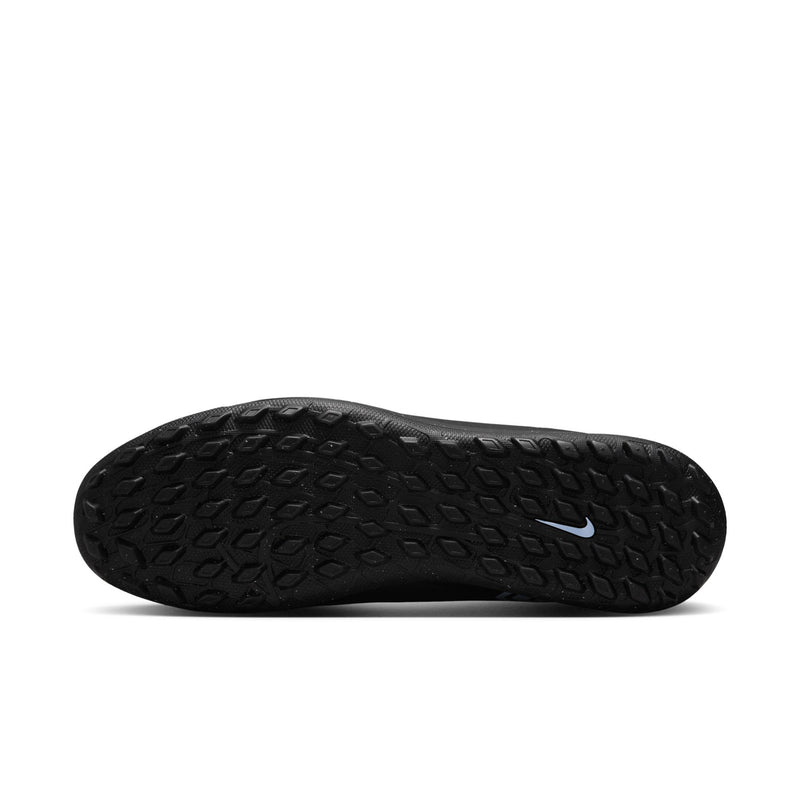 Black rubber turf outsole with molded stud pattern and ice blue swoosh logo