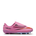 Kids pink soccer cleat with black heel strap and textured upper
