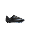Kids black and blue soccer cleat with low-profile knit upper and molded studs