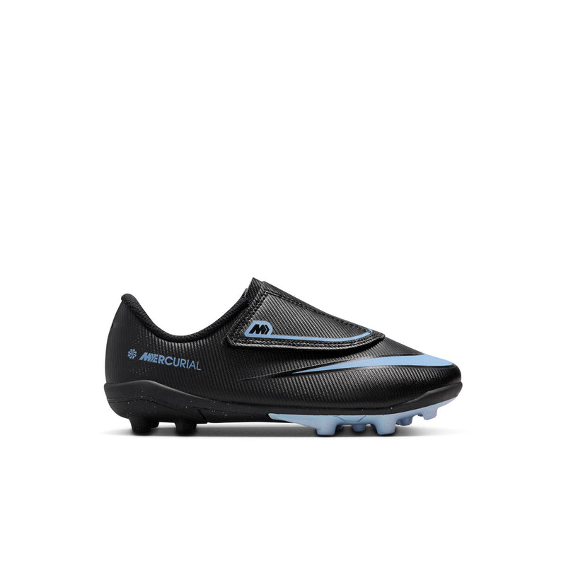 Kids black and blue soccer cleat with low-profile knit upper and molded studs