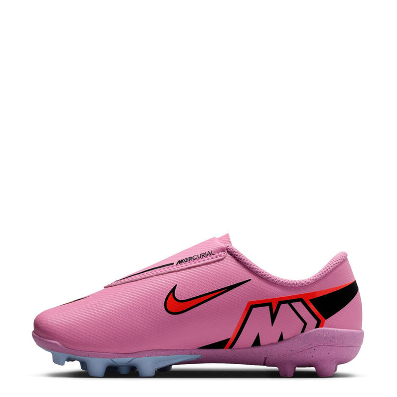 Kids pink soccer cleat side view with black Nike swoosh and orange accents