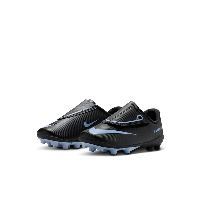 Kids black and blue soccer cleat, side view with Nike swoosh and molded studs