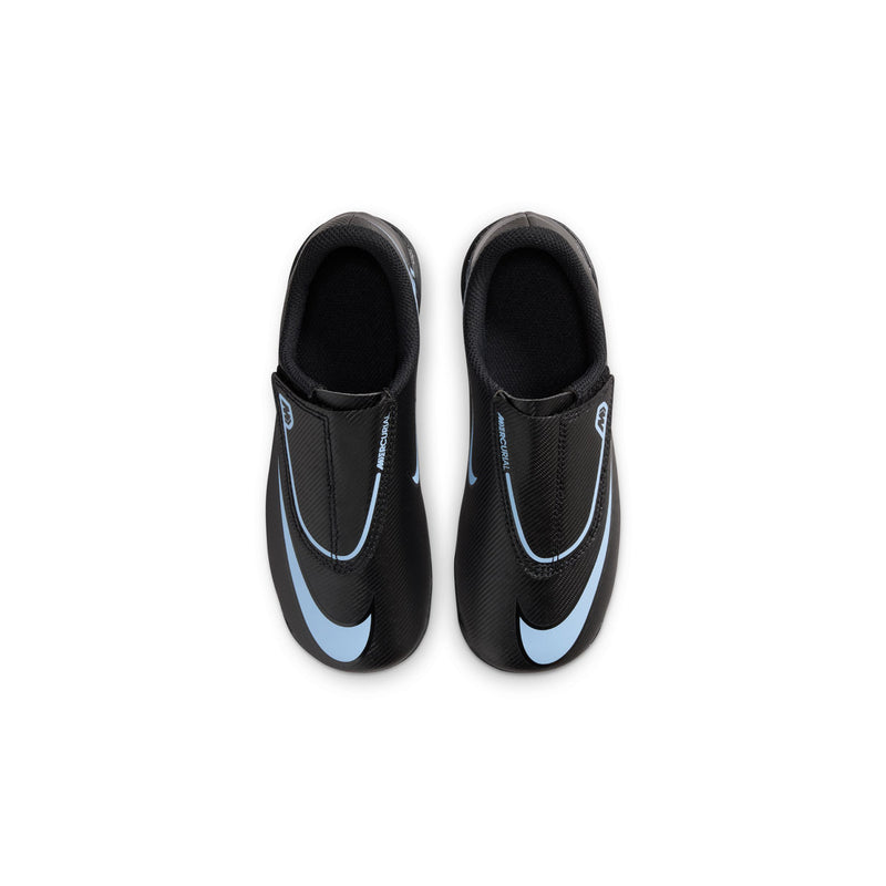 Kids black soccer cleat pair, open collar and blue trim, molded rubber sole