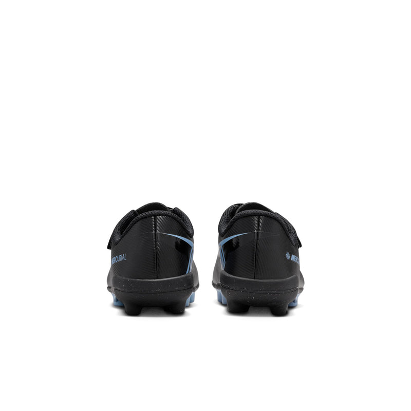 Kids black soccer cleat heel view with pull tab and molded studs