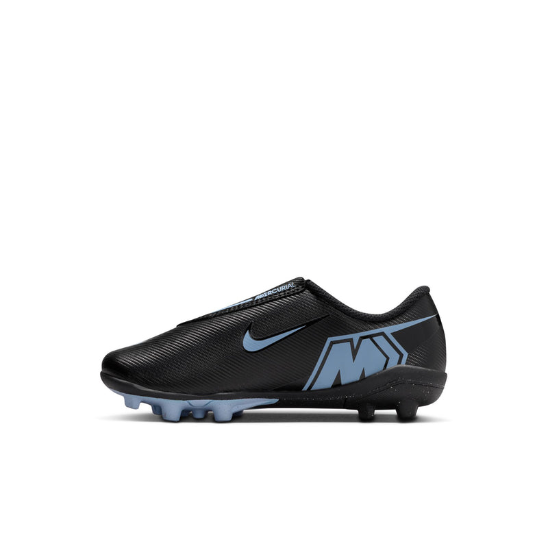 Kids black and blue soccer cleat side profile with synthetic textured upper