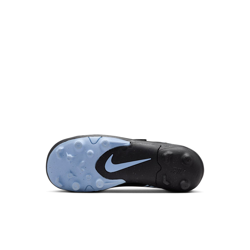 Kids black soccer cleat outsole with blue-tinted traction studs