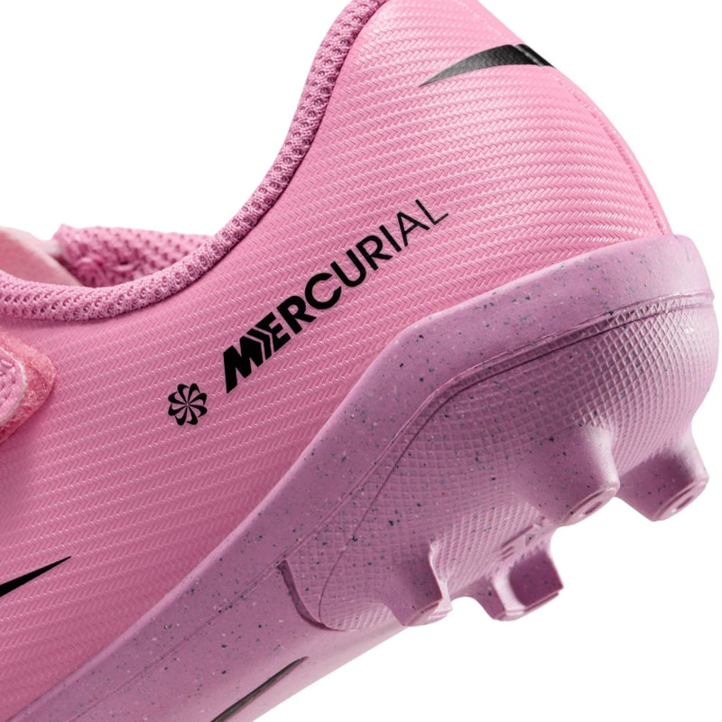 Kids pink soccer cleat close-up of heel logo and purple studded outsole
