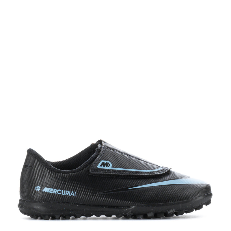 Kids black and light-blue soccer cleat with slip-on style strap and studded sole