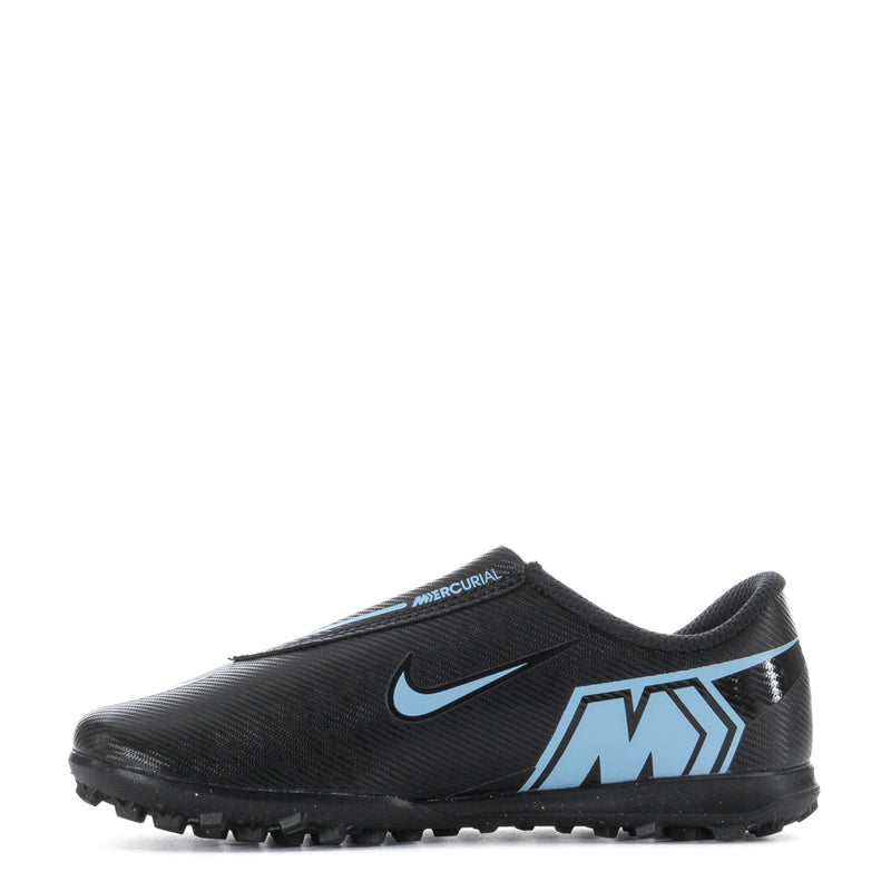 Kids black soccer cleat with light-blue logo accents and molded stud sole