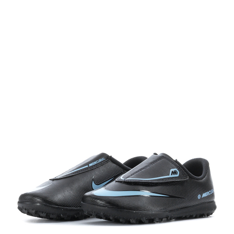 Kids black and light-blue soccer cleats with textured upper and studded outsole