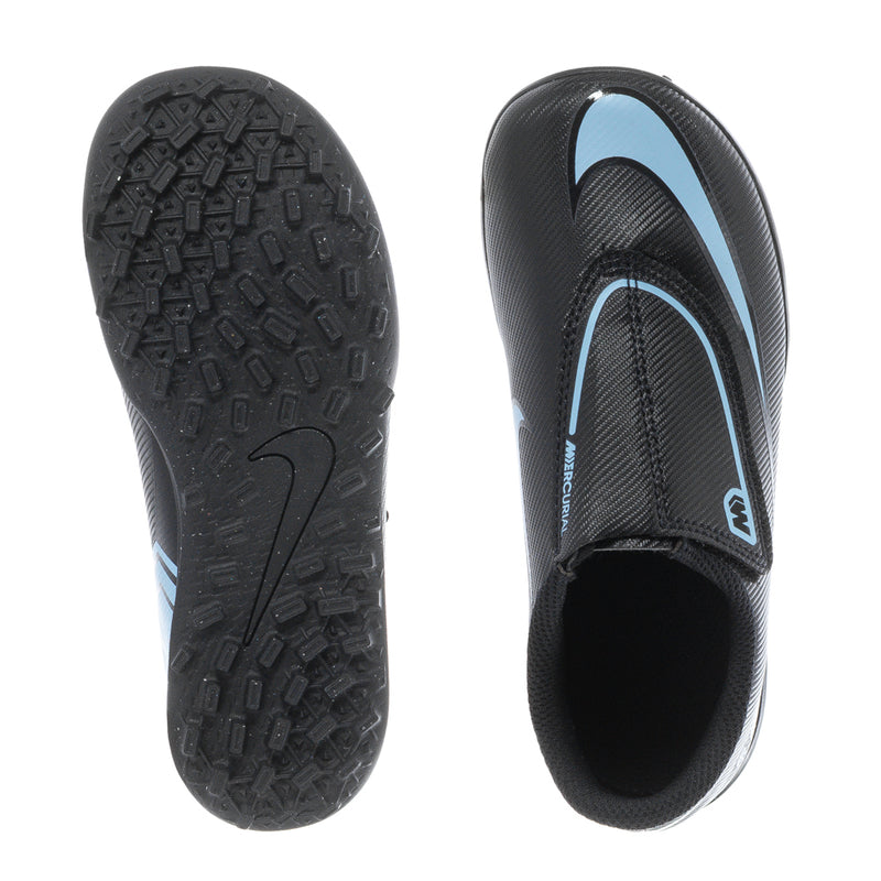 Kids black cleat outsole with molded studs and light-blue trim along the side